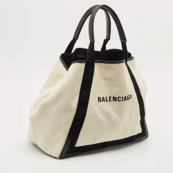 Pre Owned Balenciaga Black/Off White Canvas and Leather Large Cabas Tote