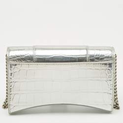 Balenciaga Silver Croc Embossed Patent Leather Hourglass Wallet on Chain