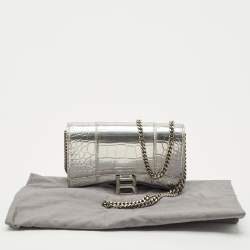 Balenciaga Silver Croc Embossed Patent Leather Hourglass Wallet on Chain