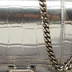 Balenciaga Silver Croc Embossed Patent Leather Hourglass Wallet on Chain
