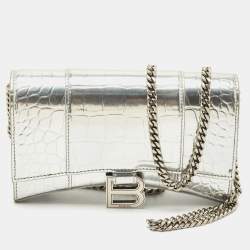 Balenciaga Silver Croc Embossed Patent Leather Hourglass Wallet on Chain