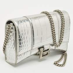 Balenciaga Silver Croc Embossed Patent Leather Hourglass Wallet on Chain