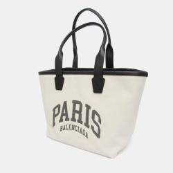 Pre Owned Balenciaga Jumbo Small Canvas Leather Tote Bag Black Off-white
