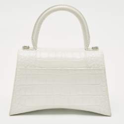 Pre Owned Balenciaga White Croc Embossed Leather Small Hourglass Top Handle Bag