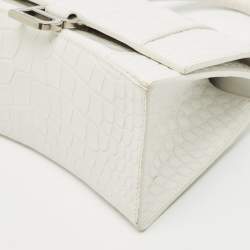 Pre Owned Balenciaga White Croc Embossed Leather Small Hourglass Top Handle Bag