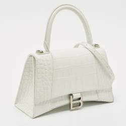 Pre Owned Balenciaga White Croc Embossed Leather Small Hourglass Top Handle Bag
