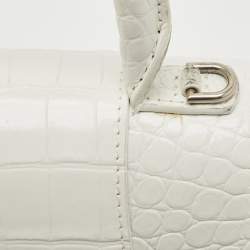 Pre Owned Balenciaga White Croc Embossed Leather Small Hourglass Top Handle Bag