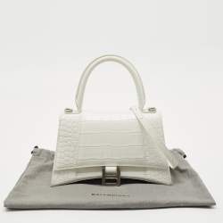 Pre Owned Balenciaga White Croc Embossed Leather Small Hourglass Top Handle Bag