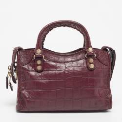 Pre Owned Balenciaga Burgundy Croc Embossed Leather Mini Classic City Bag