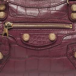 Pre Owned Balenciaga Burgundy Croc Embossed Leather Mini Classic City Bag