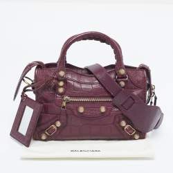 Pre Owned Balenciaga Burgundy Croc Embossed Leather Mini Classic City Bag