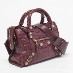 Pre Owned Balenciaga Burgundy Croc Embossed Leather Mini Classic City Bag