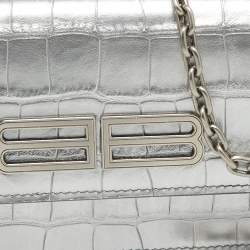 Pre Owned Balenciaga Silver Croc Embossed Leather Gossip Wallet on Chain