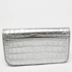 Pre Owned Balenciaga Silver Croc Embossed Leather Gossip Wallet on Chain