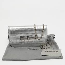 Pre Owned Balenciaga Silver Croc Embossed Leather Gossip Wallet on Chain