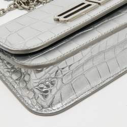 Pre Owned Balenciaga Silver Croc Embossed Leather Gossip Wallet on Chain