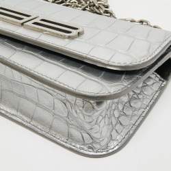 Pre Owned Balenciaga Silver Croc Embossed Leather Gossip Wallet on Chain