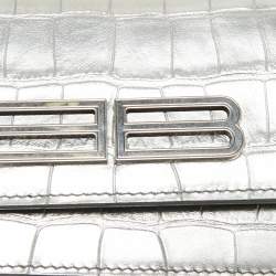 Pre Owned Balenciaga Silver Croc Embossed Leather Gossip Wallet on Chain