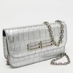 Pre Owned Balenciaga Silver Croc Embossed Leather Gossip Wallet on Chain