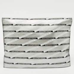 Pre Owned Balenciaga Silver Monogram Leather Plastic Bag Tote