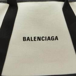 Pre Owned Balenciaga Off White/Black Canvas and Leather S Navy Cabas Tote