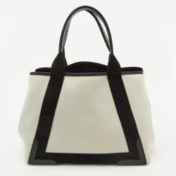Pre Owned Balenciaga Off White/Black Canvas and Leather S Navy Cabas Tote