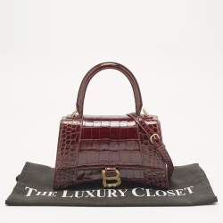 Pre Owned Balenciaga Burgundy Croc Embossed Leather Small Hourglass Top Handle Bag