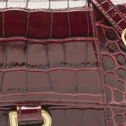 Pre Owned Balenciaga Burgundy Croc Embossed Leather Small Hourglass Top Handle Bag