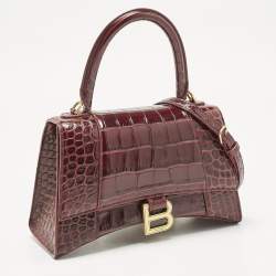 Pre Owned Balenciaga Burgundy Croc Embossed Leather Small Hourglass Top Handle Bag