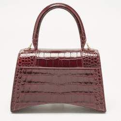 Pre Owned Balenciaga Burgundy Croc Embossed Leather Small Hourglass Top Handle Bag