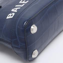 Pre Owned Balenciaga Blue Croc Embossed Leather XXS Ville Satchel
