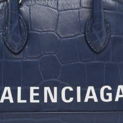 Pre Owned Balenciaga Blue Croc Embossed Leather XXS Ville Satchel