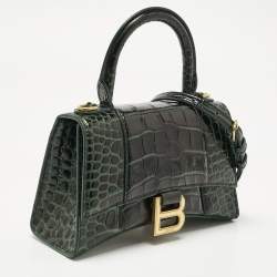 Pre Owned Balenciaga Green Croc Embossed Leather XS Hourglass Top Handle Bag