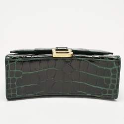 Pre Owned Balenciaga Green Croc Embossed Leather XS Hourglass Top Handle Bag