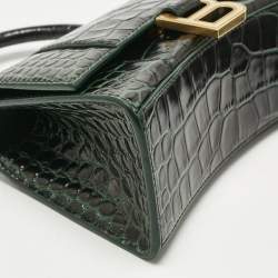 Pre Owned Balenciaga Green Croc Embossed Leather XS Hourglass Top Handle Bag