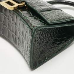 Pre Owned Balenciaga Green Croc Embossed Leather XS Hourglass Top Handle Bag