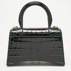 Pre Owned Balenciaga Green Croc Embossed Leather XS Hourglass Top Handle Bag