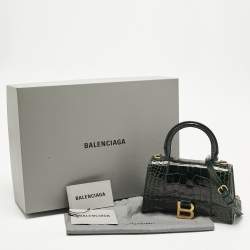 Pre Owned Balenciaga Green Croc Embossed Leather XS Hourglass Top Handle Bag