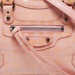 Pre Owned Balenciaga Pink Croc Embossed Patent Leather Nano Classic City Tote