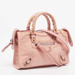 Pre Owned Balenciaga Pink Croc Embossed Patent Leather Nano Classic City Tote