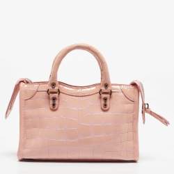 Pre Owned Balenciaga Pink Croc Embossed Patent Leather Nano Classic City Tote