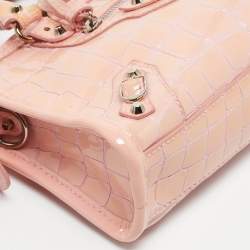 Pre Owned Balenciaga Pink Croc Embossed Patent Leather Nano Classic City Tote