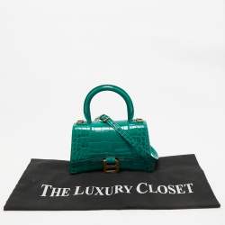 Pre Owned Balenciaga Green Croc Embossed Leather XS Hourglass Top Handle Bag