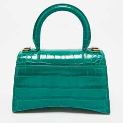 Pre Owned Balenciaga Green Croc Embossed Leather XS Hourglass Top Handle Bag
