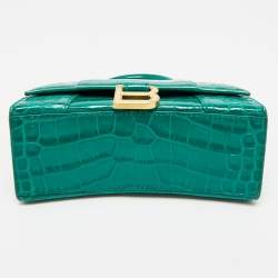 Pre Owned Balenciaga Green Croc Embossed Leather XS Hourglass Top Handle Bag