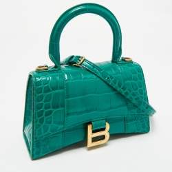 Pre Owned Balenciaga Green Croc Embossed Leather XS Hourglass Top Handle Bag
