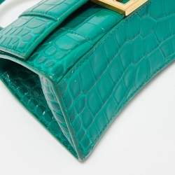 Pre Owned Balenciaga Green Croc Embossed Leather XS Hourglass Top Handle Bag