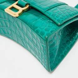 Pre Owned Balenciaga Green Croc Embossed Leather XS Hourglass Top Handle Bag