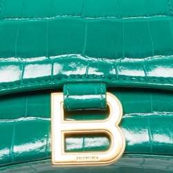 Pre Owned Balenciaga Green Croc Embossed Leather XS Hourglass Top Handle Bag
