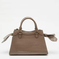Pre Owned Balenciaga Beige Croc Embossed Leather Small Neo Classic City Bag